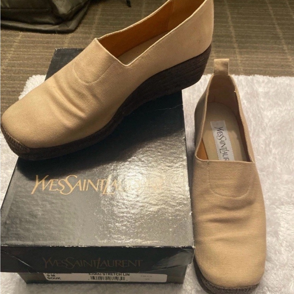 Vintage YSL Shoe Size 39 Canvas Yves Saint Laurent Wedges Tan Espadrilles IN BOX
